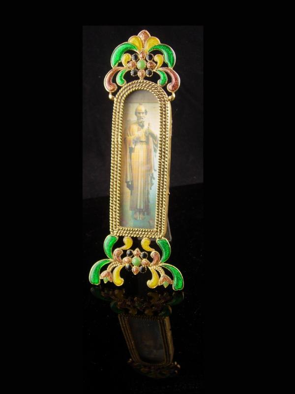 Art Deco Religious framed Art - Miniature free standing brass frame - enamel floral design 7 1/2 x 2 1/2