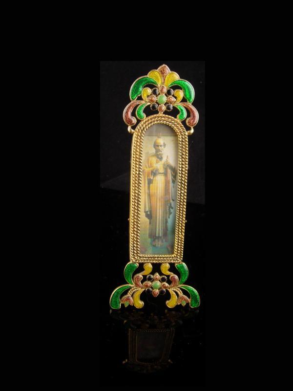 Art Deco Religious framed Art - Miniature free standing brass frame - enamel floral design 7 1/2 x 2 1/2