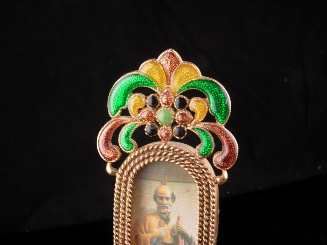 Art Deco Religious framed Art - Miniature free standing brass frame - enamel floral design 7 1/2 x 2 1/2