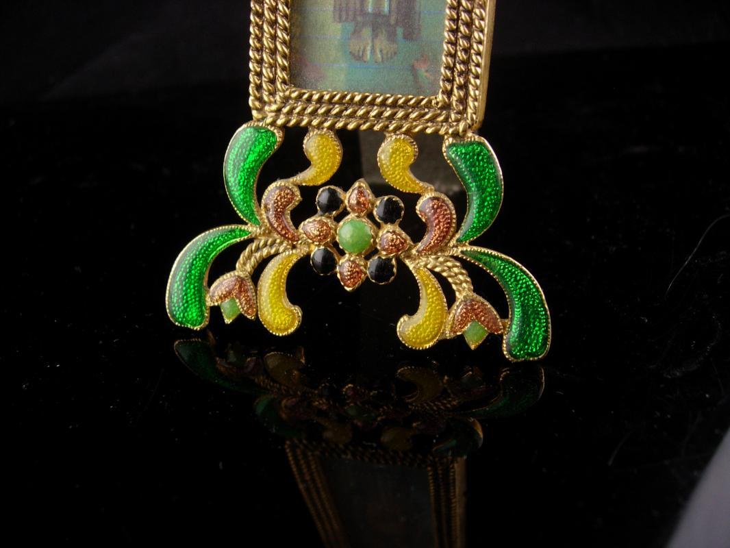 Art Deco Religious framed Art - Miniature free standing brass frame - enamel floral design 7 1/2 x 2 1/2