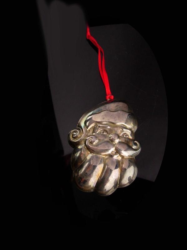 Antique Santa ornament - silver holloware - inscribed merry Christmas - silver rattle or whistle- Victorian Santa Claus