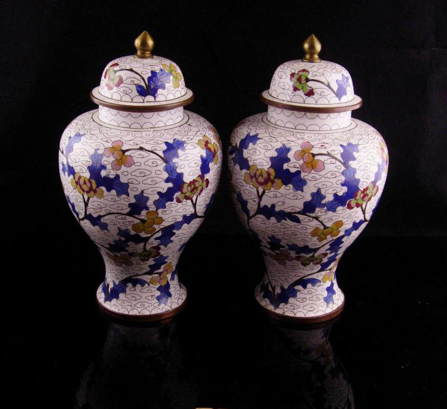 Pair Antique urns - chinese enamel jardiniere - lidded jars - matching set