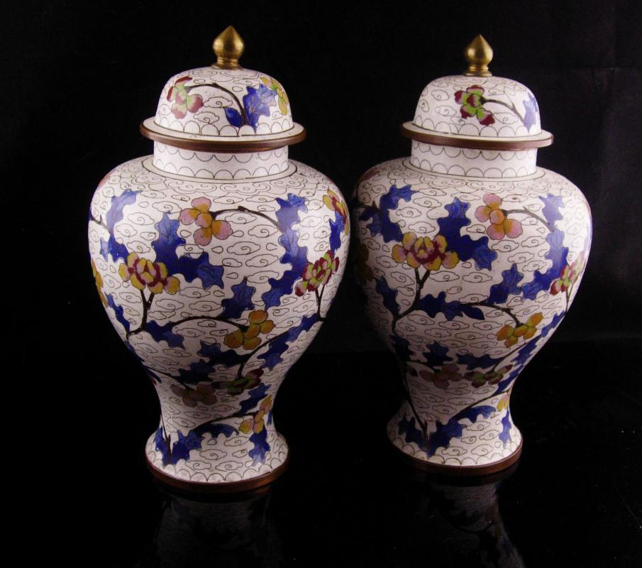 Pair Antique urns - chinese enamel jardiniere - lidded jars - matching set