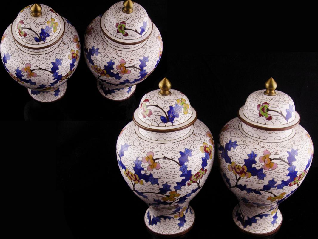 Pair Antique urns - chinese enamel jardiniere - lidded jars - matching set