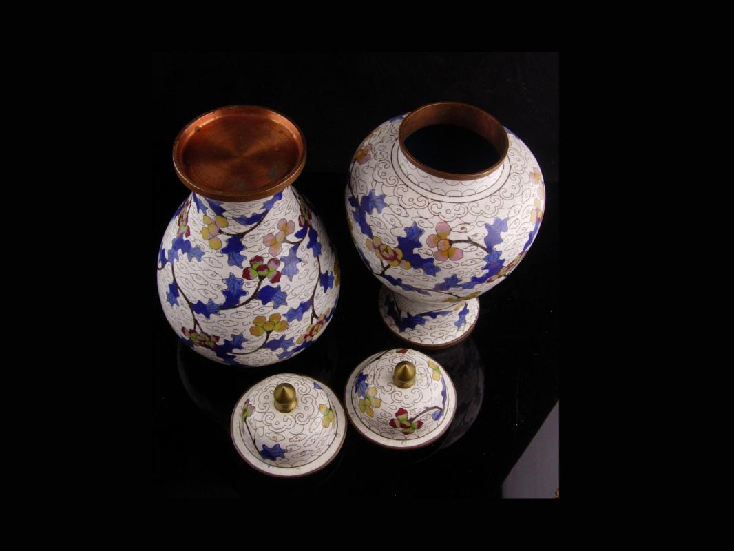 Pair Antique urns - chinese enamel jardiniere - lidded jars - matching set