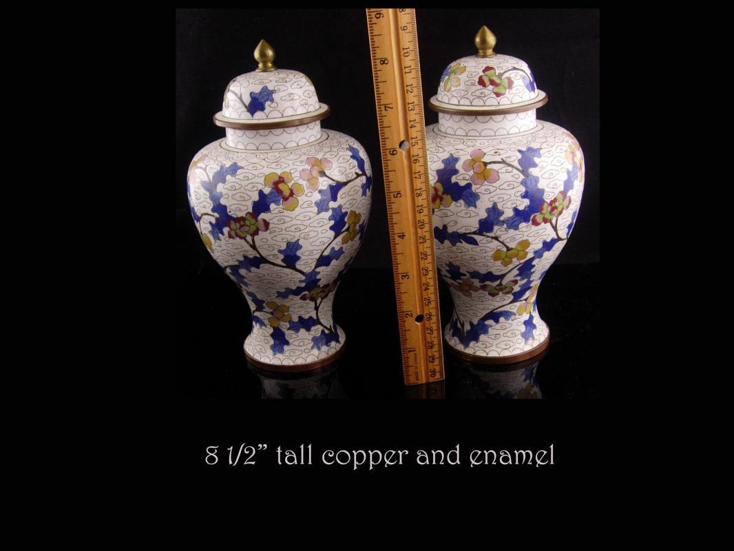 Pair Antique urns - chinese enamel jardiniere - lidded jars - matching set
