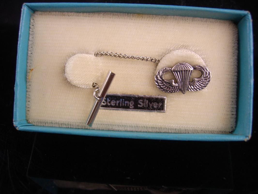 Vintage ww11 sterling military Tie tack / Paratrooper tie chain / original case silver wings / parachute Award / Veteran Retirement
