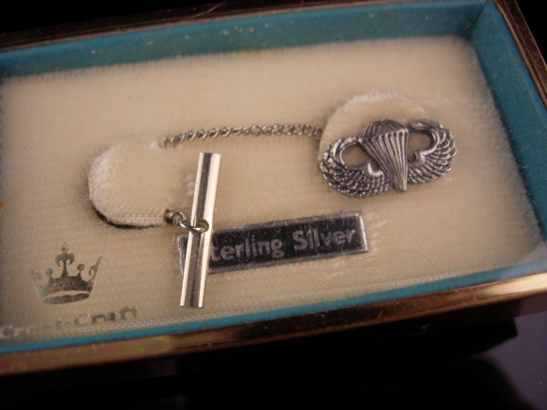 Vintage ww11 sterling military Tie tack / Paratrooper tie chain / original case silver wings / parachute Award / Veteran Retirement