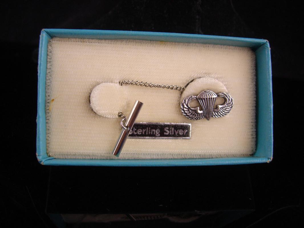 Vintage ww11 sterling military Tie tack / Paratrooper tie chain / original case silver wings / parachute Award / Veteran Retirement