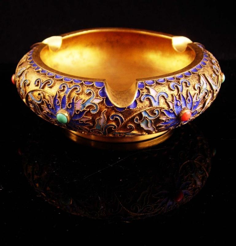 Antique Cloissone Ashtray - chinese Champleve trinket dish - vintage gold enamel tray