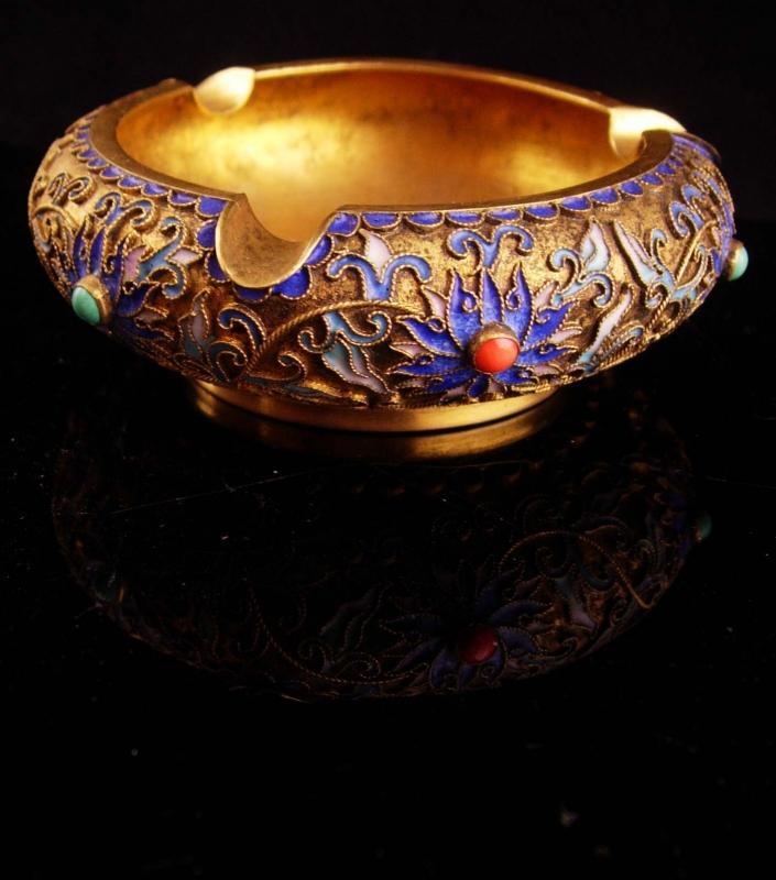 Antique Cloissone Ashtray - chinese Champleve trinket dish - vintage gold enamel tray