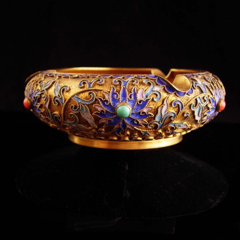 Antique Cloissone Ashtray - chinese Champleve trinket dish - vintage gold enamel tray