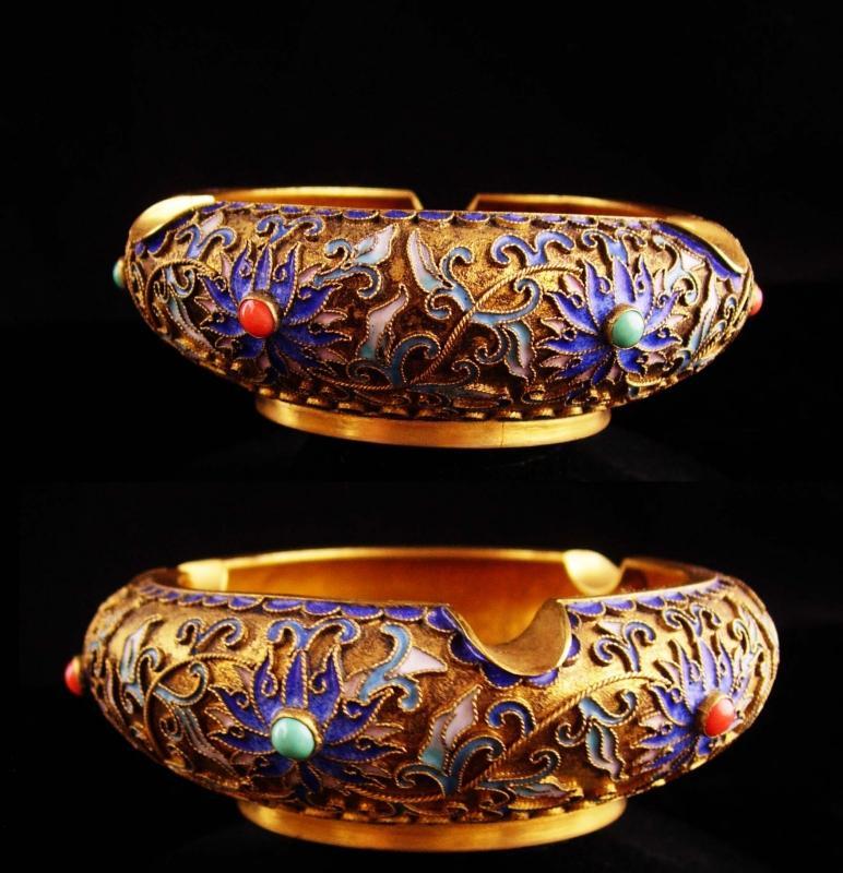 Antique Cloissone Ashtray - chinese Champleve trinket dish - vintage gold enamel tray