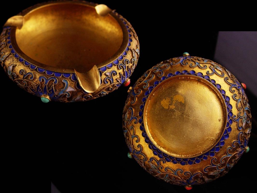 Antique Cloissone Ashtray - chinese Champleve trinket dish - vintage gold enamel tray