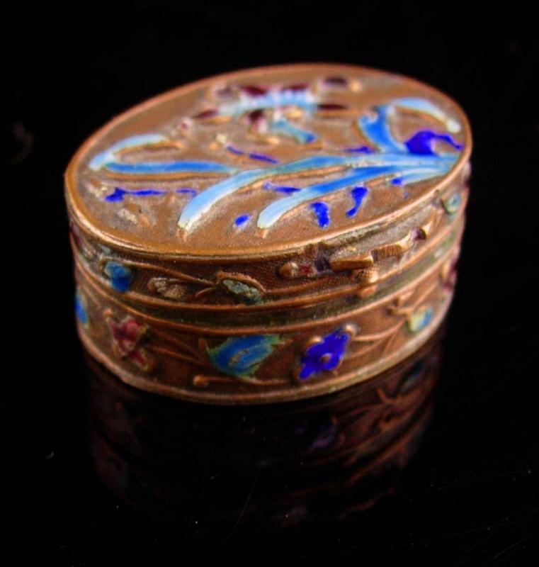 Antique Chinese Box - miniature enamel ring casket - Asian flowers Oriental lotus blossom keepsake jewelry case Vintage metal hinged