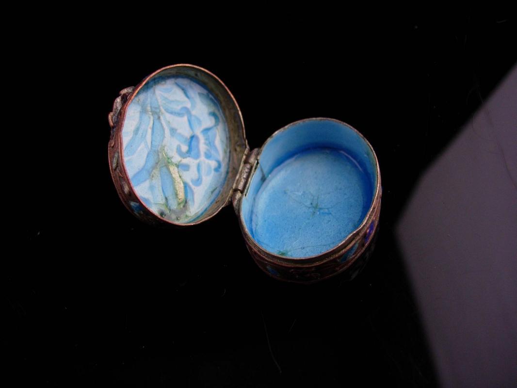 Antique Chinese Box - miniature enamel ring casket - Asian flowers Oriental lotus blossom keepsake jewelry case Vintage metal hinged