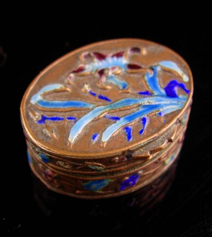 Antique Chinese Box - miniature enamel ring casket - Asian flowers Oriental lotus blossom keepsake jewelry case Vintage metal hinged