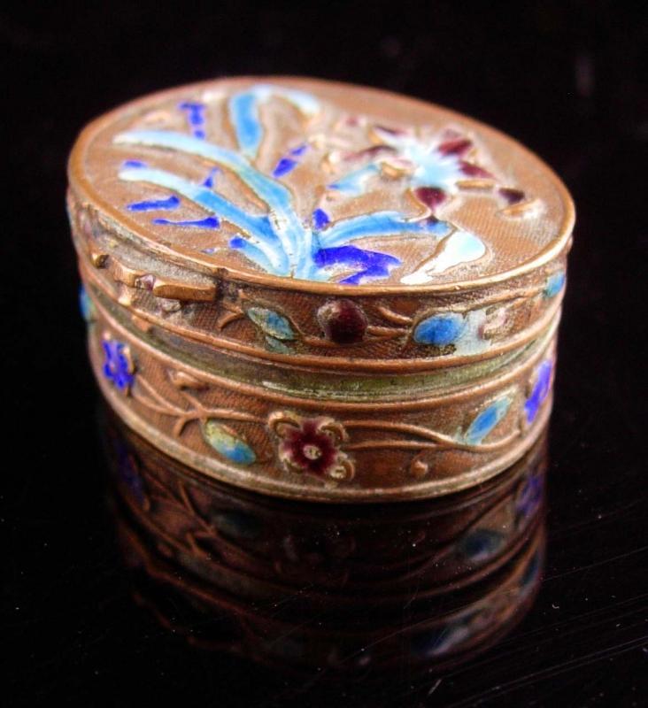 Antique Chinese Box - miniature enamel ring casket - Asian flowers Oriental lotus blossom keepsake jewelry case Vintage metal hinged