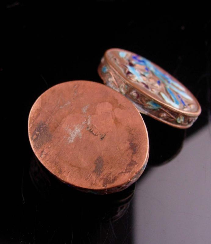 Antique Chinese Box - miniature enamel ring casket - Asian flowers Oriental lotus blossom keepsake jewelry case Vintage metal hinged