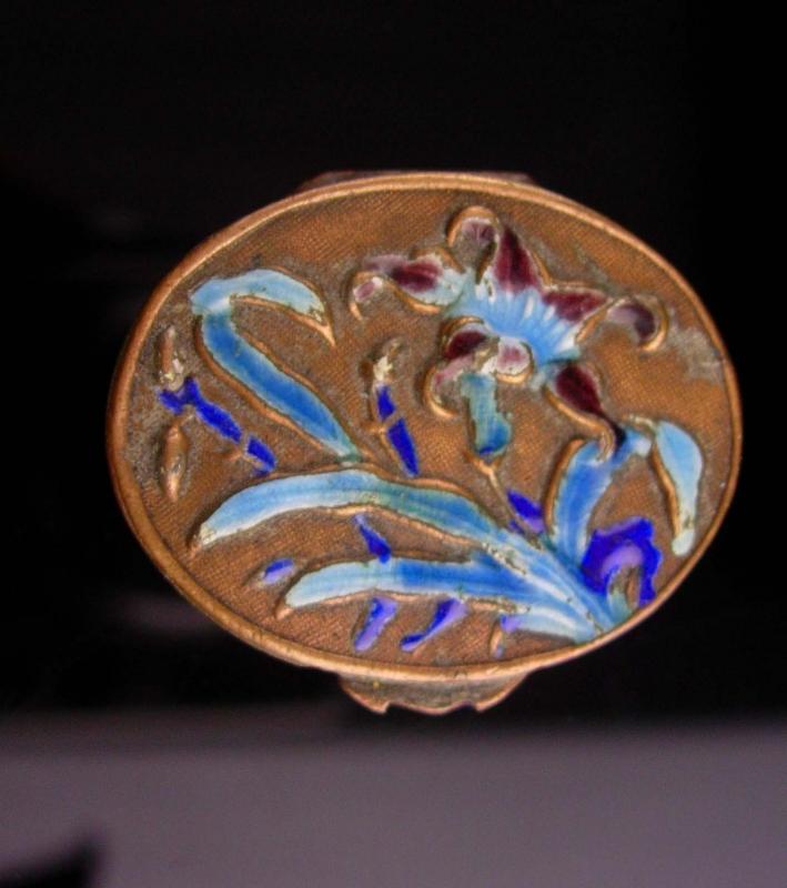 Antique Chinese Box - miniature enamel ring casket - Asian flowers Oriental lotus blossom keepsake jewelry case Vintage metal hinged