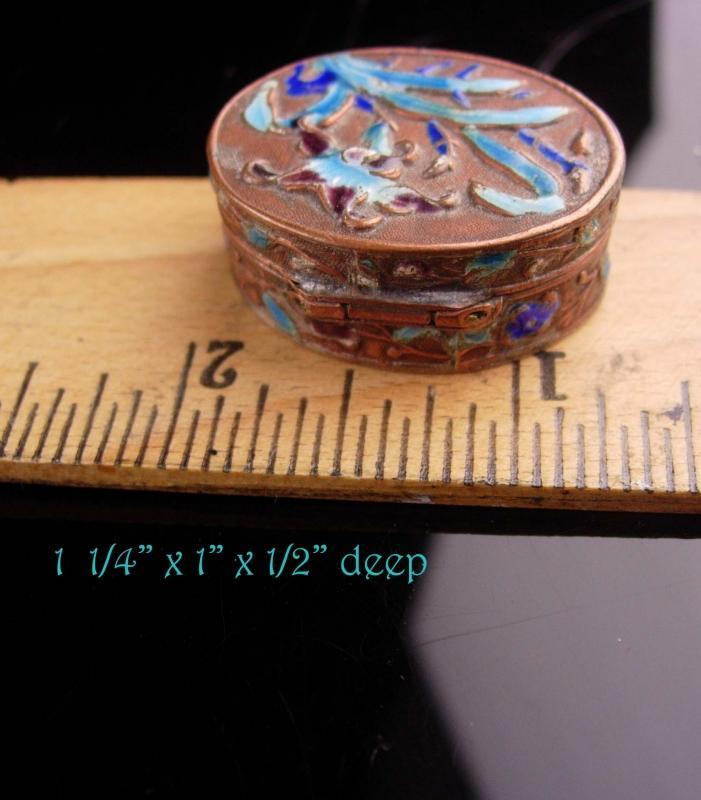 Antique Chinese Box - miniature enamel ring casket - Asian flowers Oriental lotus blossom keepsake jewelry case Vintage metal hinged