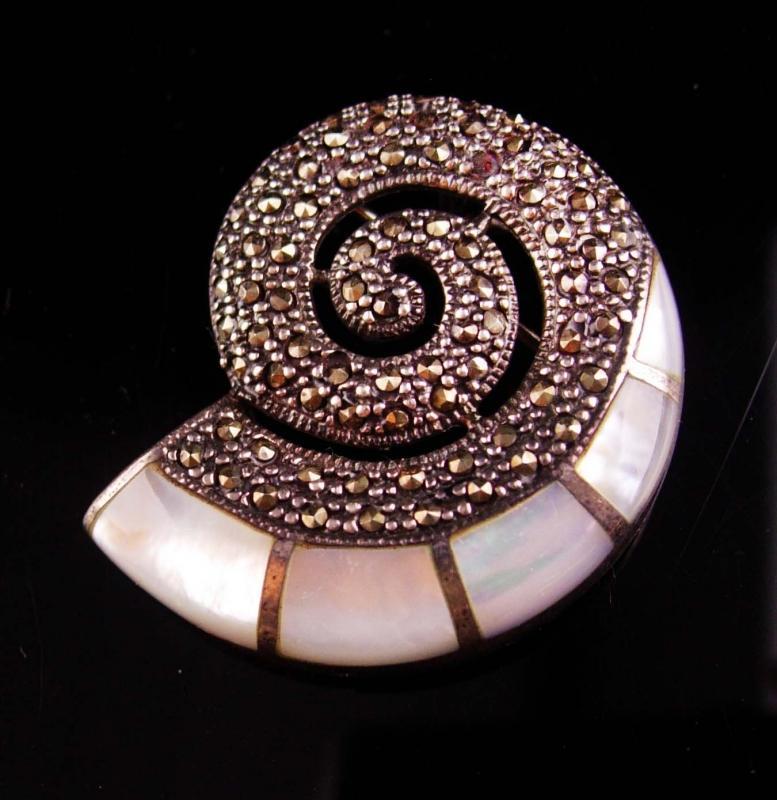 Vintage Signed Snail Brooch - sterling marcasite pendant - mother of pearl inlay talisman - gold filled 20