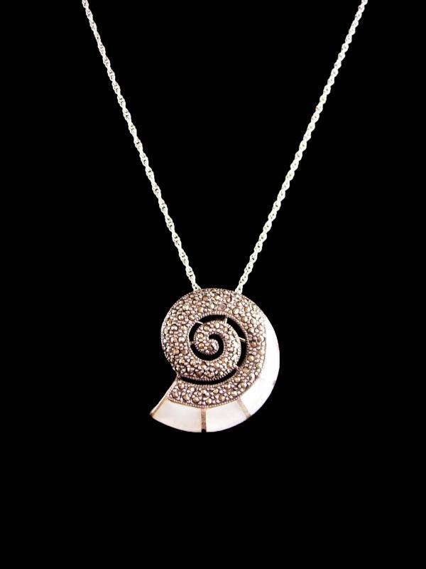 Vintage Signed Snail Brooch - sterling marcasite pendant - mother of pearl inlay talisman - gold filled 20