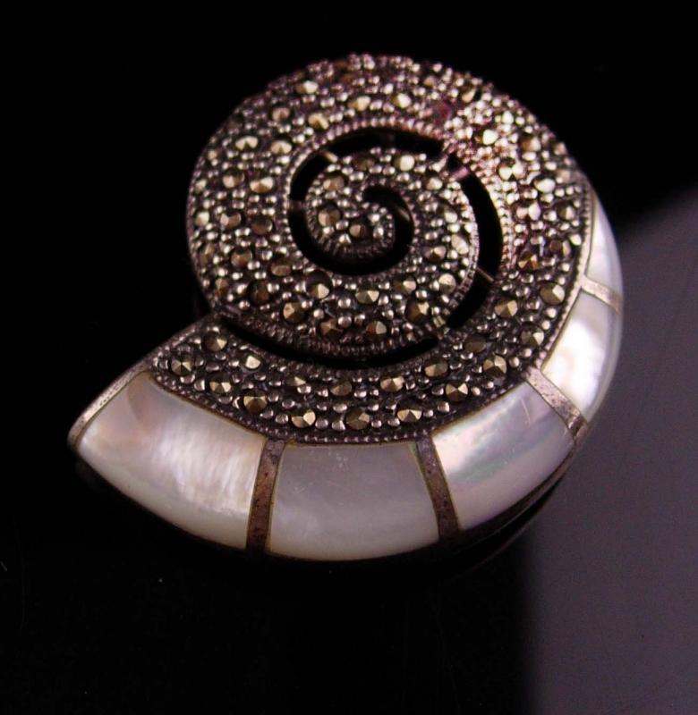 Vintage Signed Snail Brooch - sterling marcasite pendant - mother of pearl inlay talisman - gold filled 20
