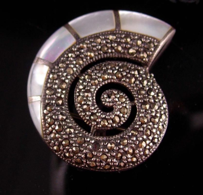 Vintage Signed Snail Brooch - sterling marcasite pendant - mother of pearl inlay talisman - gold filled 20