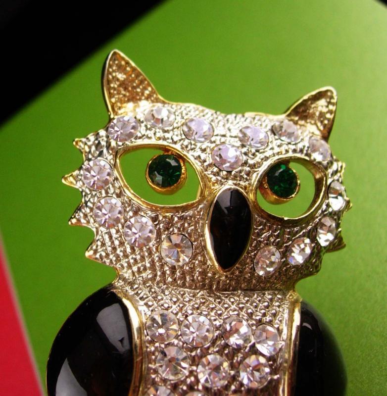 Huge Owl brooch - vintage enamel Bird - Figural jewelry - rhinestone teacher gift ophthalmology ophthalmologist gift Tie bar