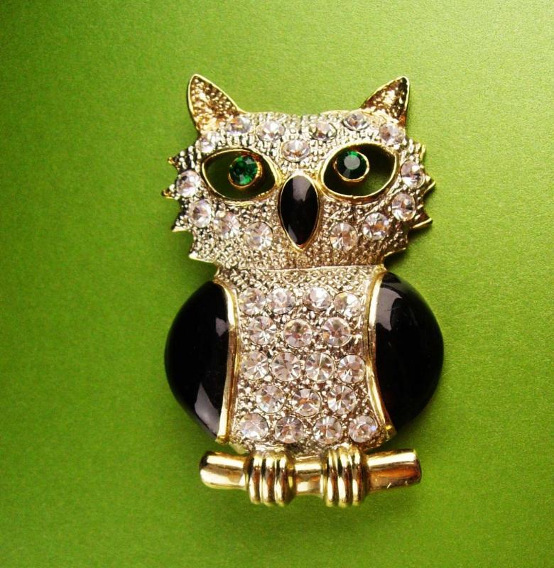Huge Owl brooch - vintage enamel Bird - Figural jewelry - rhinestone teacher gift ophthalmology ophthalmologist gift Tie bar