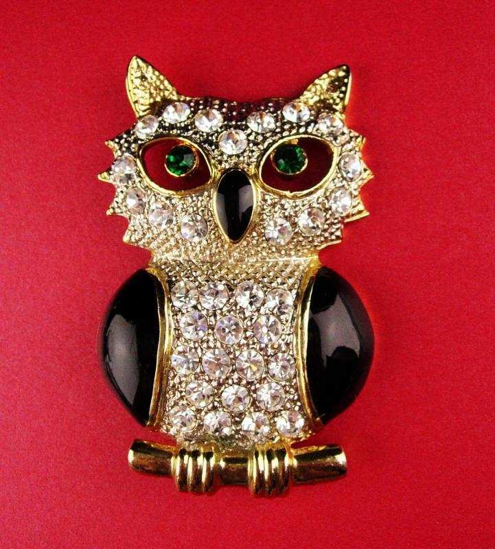 Huge Owl brooch - vintage enamel Bird - Figural jewelry - rhinestone teacher gift ophthalmology ophthalmologist gift Tie bar