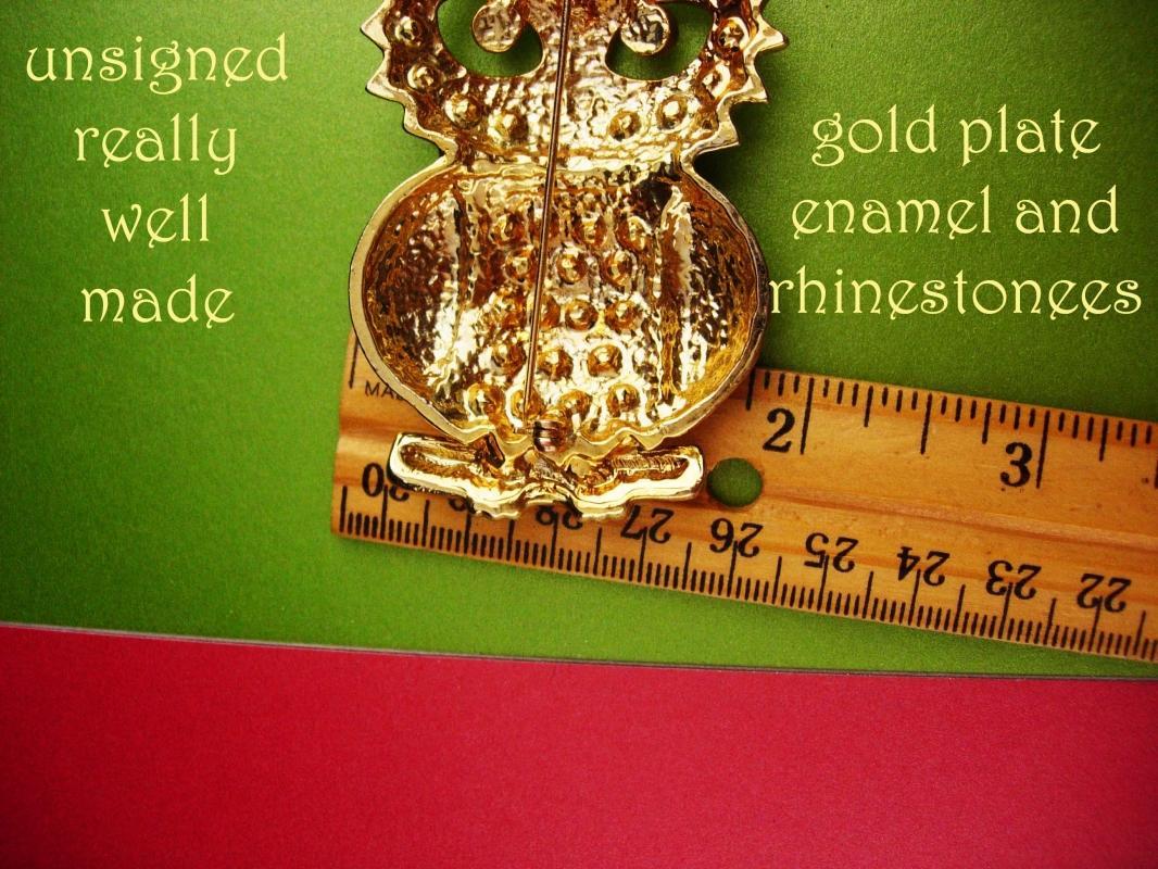 Huge Owl brooch - vintage enamel Bird - Figural jewelry - rhinestone teacher gift ophthalmology ophthalmologist gift Tie bar
