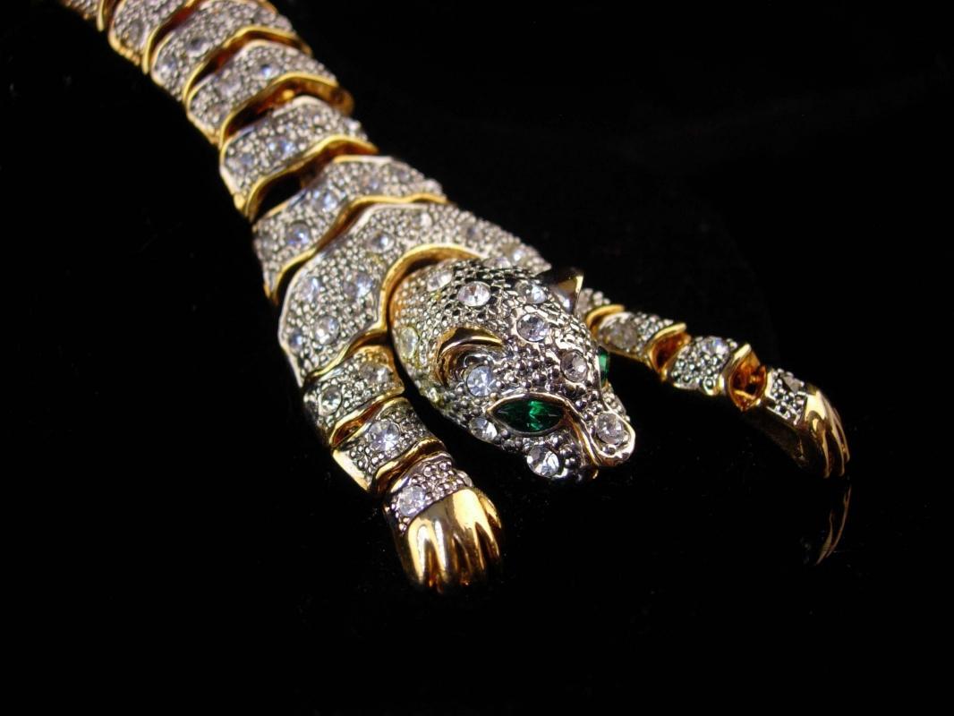 Rhinestone Panther bracelet - BIG Cat leopard - wrap rhinestone - vintage gold tiger bracelet leopard womens animal lover