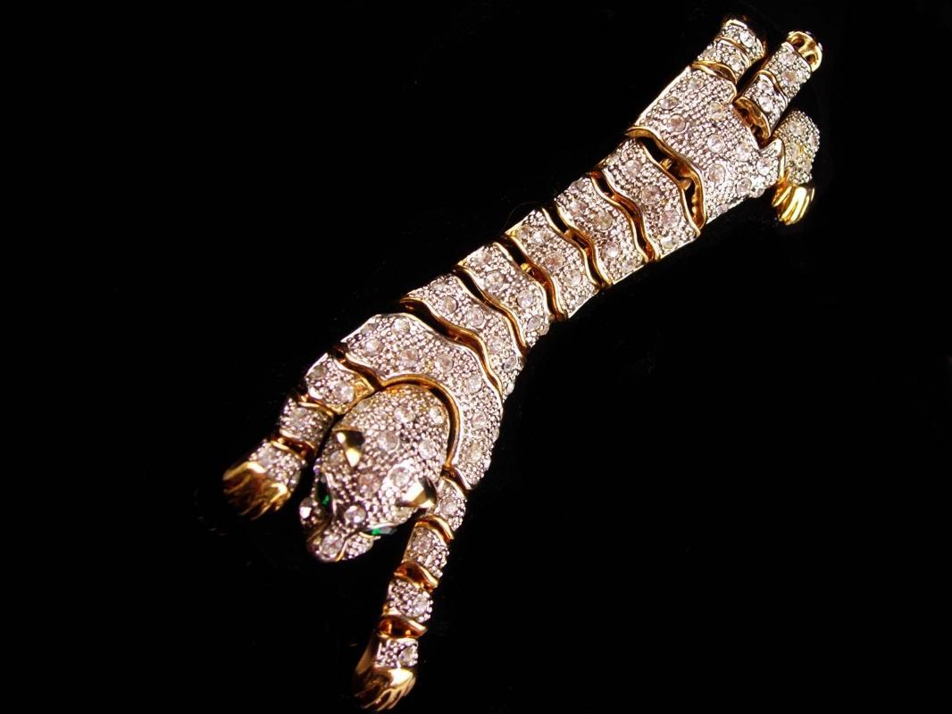 Rhinestone Panther bracelet - BIG Cat leopard - wrap rhinestone - vintage gold tiger bracelet leopard womens animal lover