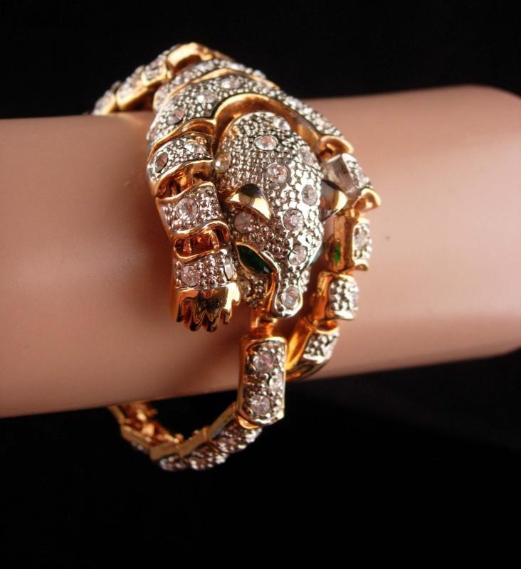 Rhinestone Panther bracelet - BIG Cat leopard - wrap rhinestone - vintage gold tiger bracelet leopard womens animal lover