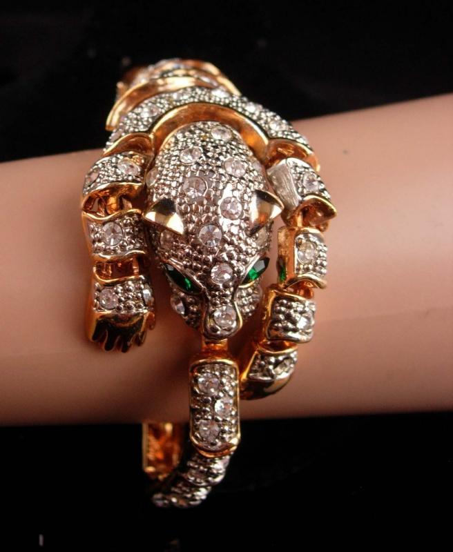 Rhinestone Panther bracelet - BIG Cat leopard - wrap rhinestone - vintage gold tiger bracelet leopard womens animal lover
