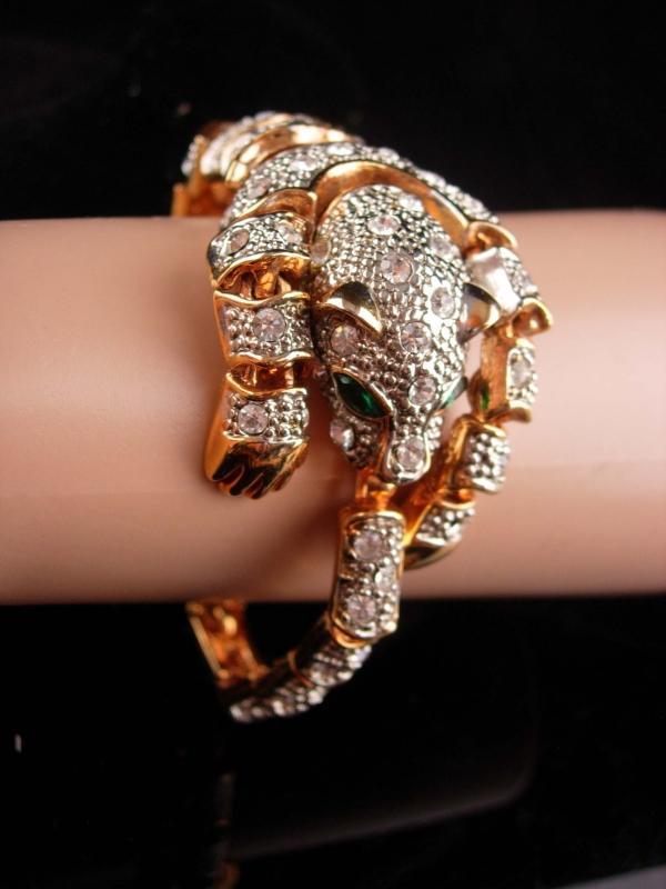 Rhinestone Panther bracelet - BIG Cat leopard - wrap rhinestone - vintage gold tiger bracelet leopard womens animal lover