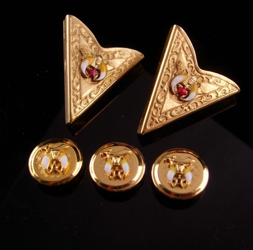 Vintage Masonic Collar ends - Shriner button cover set - gold tips - free masonary enamel set - gift for dad
