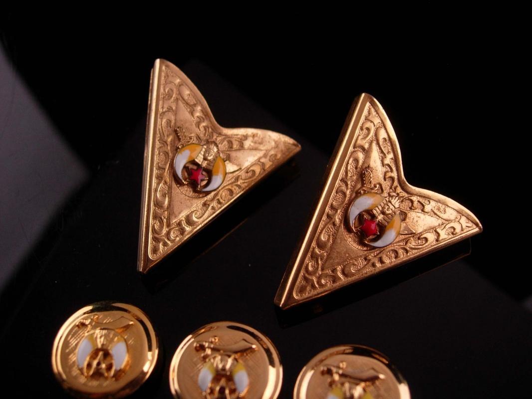 Vintage Masonic Collar ends - Shriner button cover set - gold tips - free masonary enamel set - gift for dad