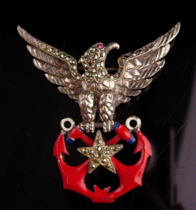Vintage military brooch - ww11 1940 vintage patriotic brooch - eagle anchor Navy pin - Military eagle - rhinestone red enamel stars