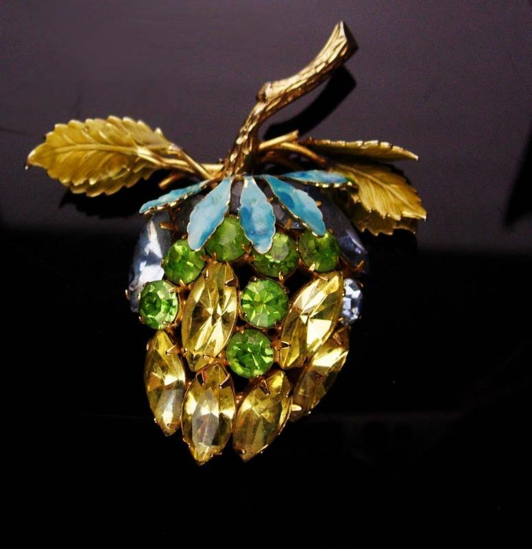Vintage Alice Caviness Brooch - yellow fruit - rhinestone estate jewelry - strawberry pin - designer brooch