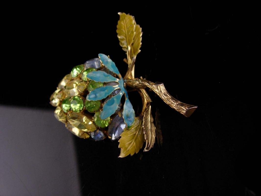 Vintage Alice Caviness Brooch - yellow fruit - rhinestone estate jewelry - strawberry pin - designer brooch