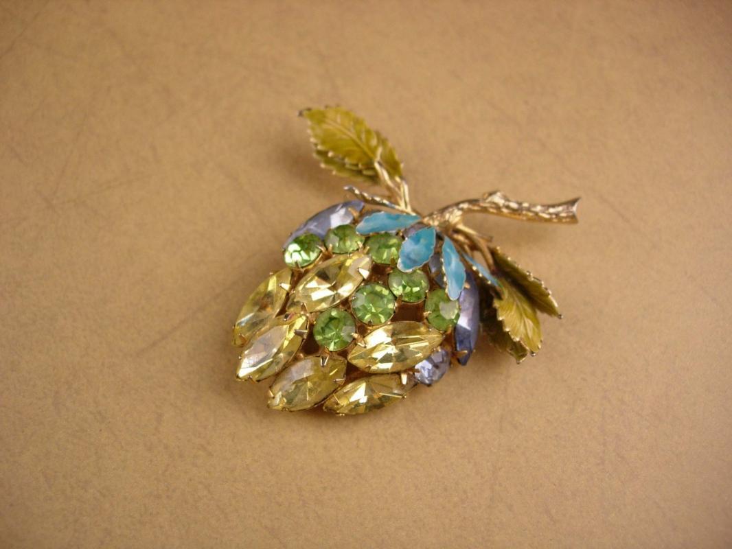 Vintage Alice Caviness Brooch - yellow fruit - rhinestone estate jewelry - strawberry pin - designer brooch