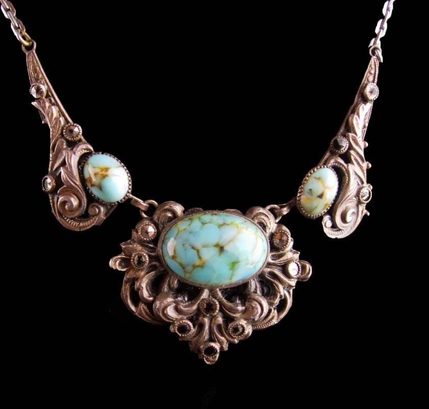 Antique persian turquoise necklace - vintage victorian filigree - marcasite bib - something blue for the bride