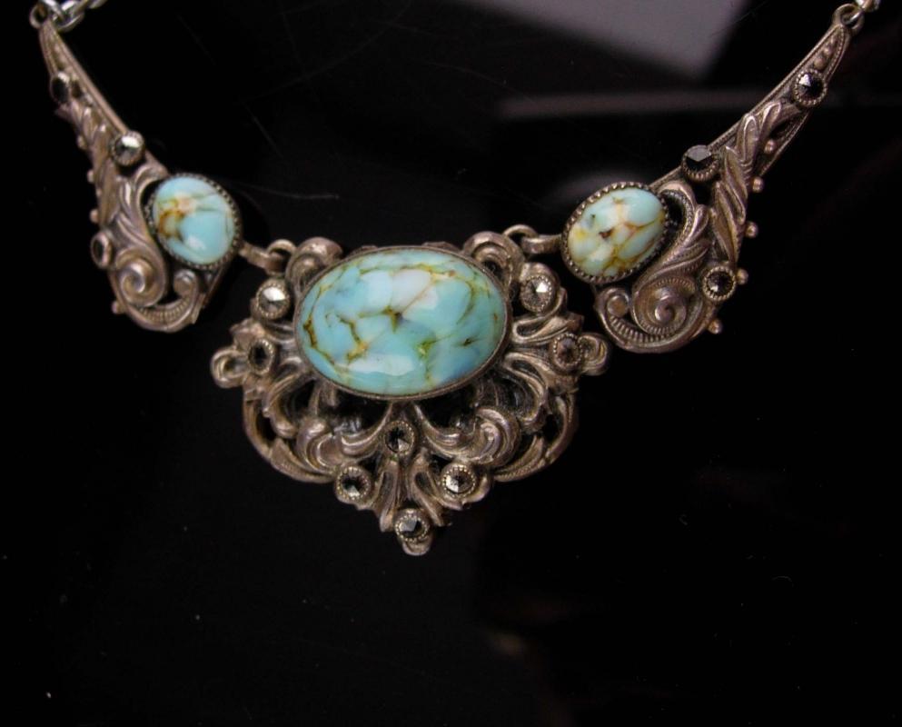 Antique persian turquoise necklace - vintage victorian filigree - marcasite bib - something blue for the bride