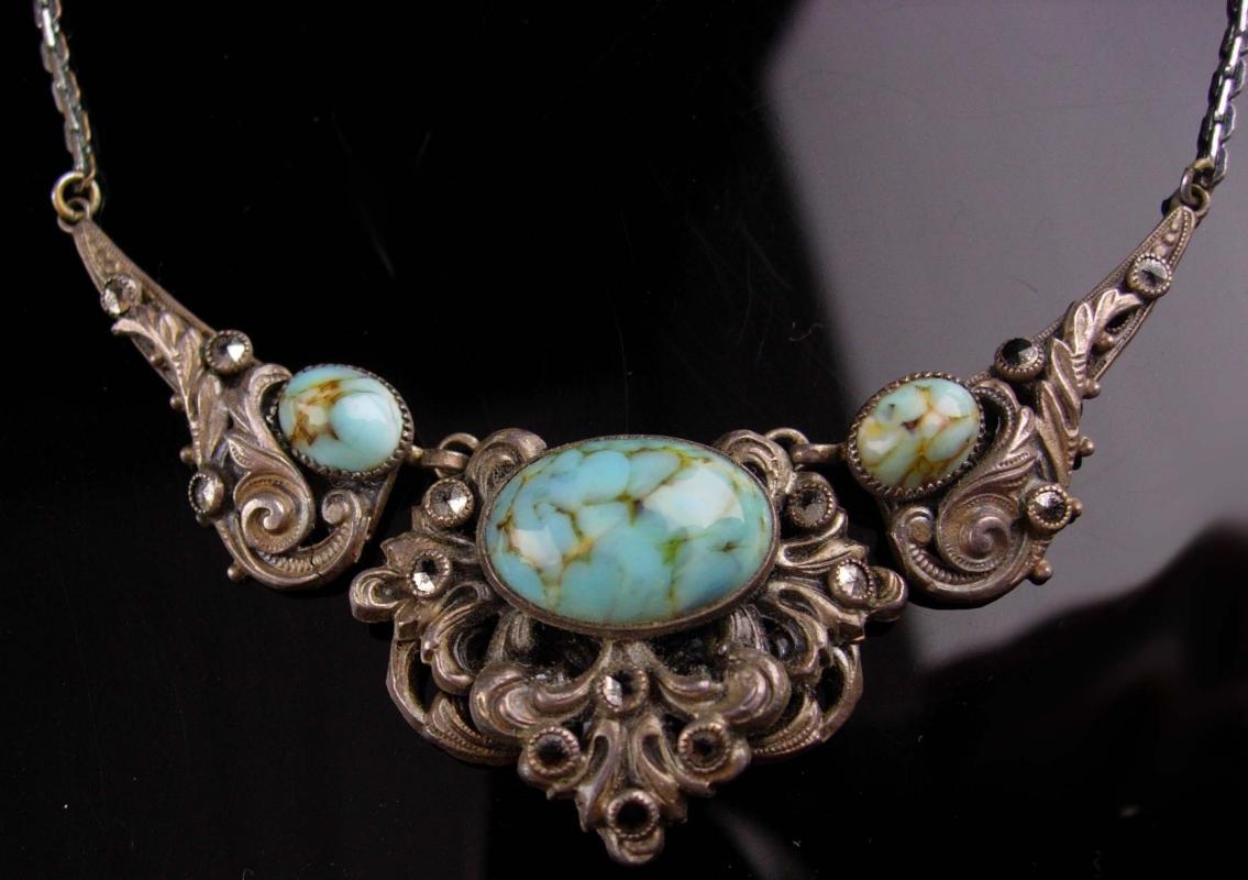 Antique persian turquoise necklace - vintage victorian filigree - marcasite bib - something blue for the bride