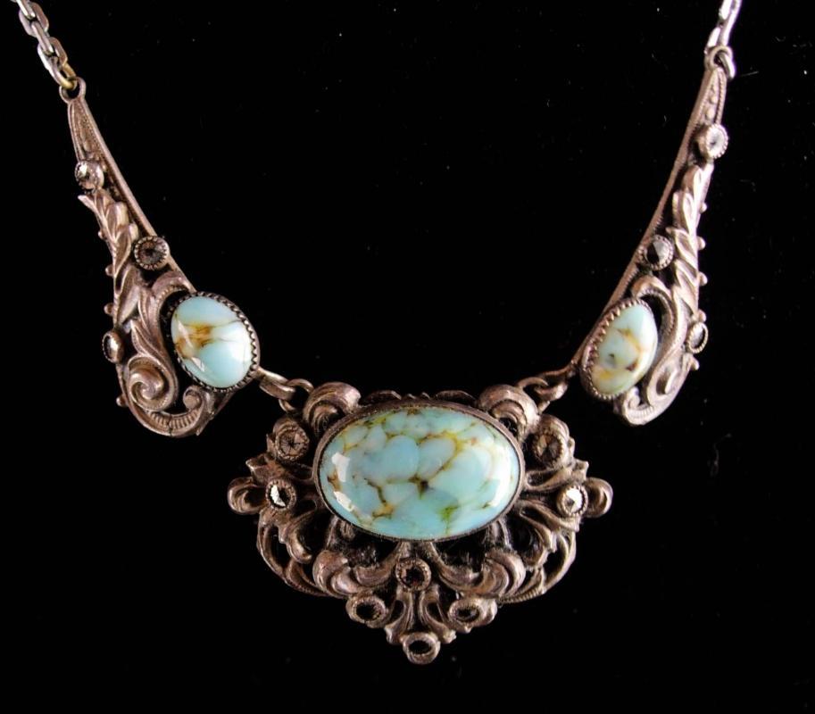 Antique persian turquoise necklace - vintage victorian filigree - marcasite bib - something blue for the bride