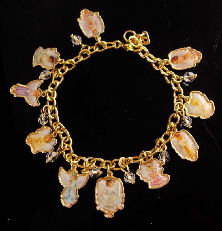 Vintage Angel Charm bracelet - Grace devotion Faith - religious jewelry - enamel girl cherubs