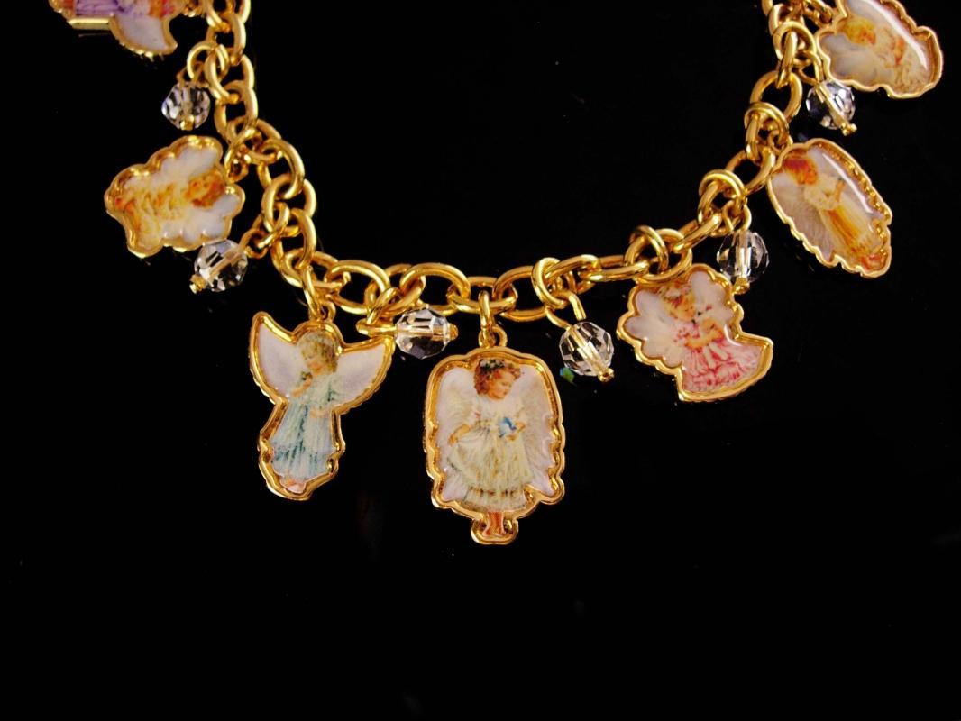 Vintage Angel Charm bracelet - Grace devotion Faith - religious jewelry - enamel girl cherubs